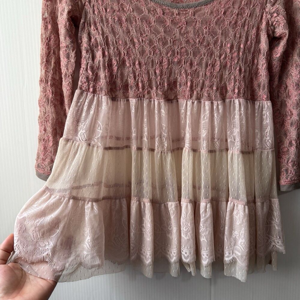Free People Women XS Pink Lace Tiered Babydoll Tunic Top Boho Fairy Y2K Romantic - Picture 7 of 16